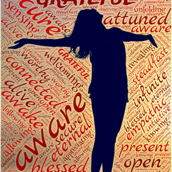 silhouetted image of woman with words "grateful" and "aware"